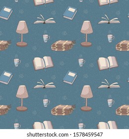 Vector seamless pattern made of different books, reading lamp, plaid and cup of tea or coffee. Library (reading) theme. Endless texture for design. Blue and brown colors.