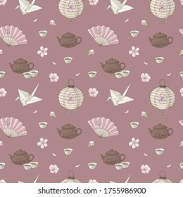 Vector seamless pattern made of different symbols related to Japan. Endless texture for design. Pink, brown and beige color palette. 