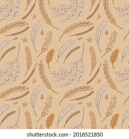 Vector seamless pattern made of different cereals. Natural beige and orange colors. A bread, bakery, harvest, autumn and home comfort texture. Great for cozy textile, restaurant menu, bakery design.