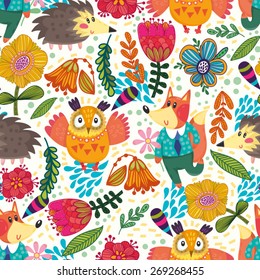 Vector seamless pattern made from forest animals like a fox, owl, hedgehog and flowers. 