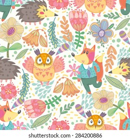 Vector seamless pattern made from forest animals like a fox, owl, hedgehog and flowers.