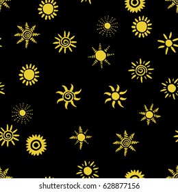 a vector seamless pattern, made of hand drawn suns originally painted by ink; in ethnic, african, mexican, boho, aborigine, african, primitive style