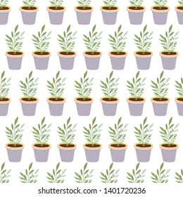 Vector seamless pattern made of houseplants potted in colorful ceramic pots. Hand drawn illustration with noisy texture ideal for printing, web banners, packaging, templates,posters,flyers