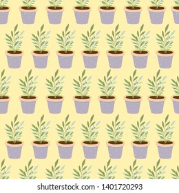 Vector seamless pattern made of houseplants potted in colorful ceramic pots. Hand drawn illustration with noisy texture ideal for printing, web banners, packaging, templates,posters,flyers