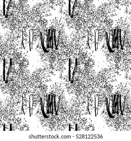 Vector seamless pattern made from ornamental monochrome freeform scribble elements arranged like trees and bushes. Black and white abstract forest or grove with tree trunks, sunlit foliage.
