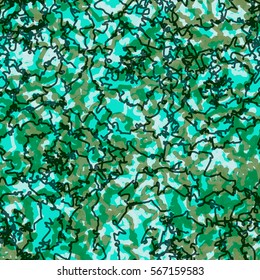 Vector seamless pattern made from ornamental freeform scribble elements. Cyan, green and black background.