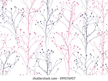 Vector seamless pattern made of pink and violet dry herbs on white background