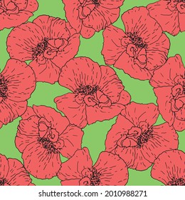 vector seamless pattern made of red poppy. a pattern of a painted poppy flower in a sketch style of red color randomly arranged on a white background for a design template. summer wild flower papaver 