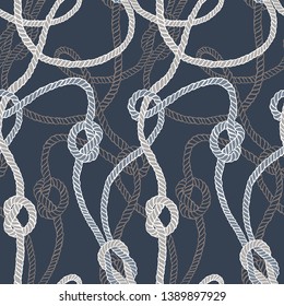Vector seamless pattern made of twisted ropes with knots. Abstract graphic drawing. Plain nautical ornament. 