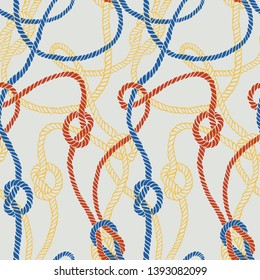 Vector seamless pattern made of twisted ropes with knots. Abstract graphic drawing. Plane nautical ornament. 