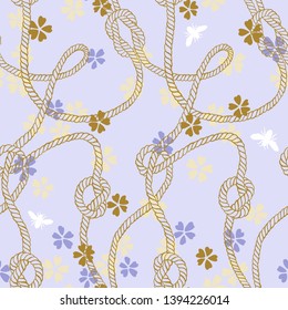 Vector seamless pattern made of twisted ropes with knots, flowers and insects. Abstract graphic drawing. Plane nautical and nature ornament. 