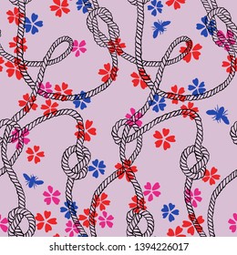 Vector seamless pattern made of twisted ropes with knots, flowers and insects. Abstract graphic drawing. Plane nautical and nature ornament. 