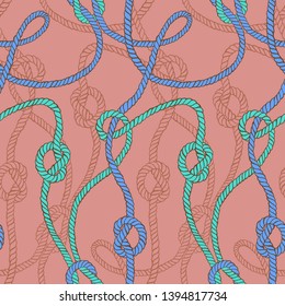 Vector seamless pattern made of twisted ropes with knots. Abstract graphic drawing. Plane nautical ornament. 