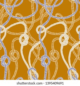 Vector seamless pattern made of twisted ropes with knots. Abstract graphic drawing. Plane nautical ornament. 