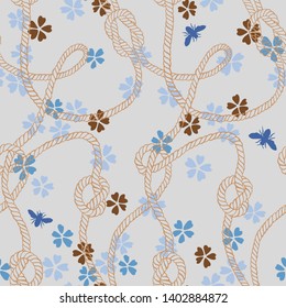 Vector seamless pattern made of twisted ropes with knots, flowers and insects. Abstract graphic drawing. Plain nautical and nature ornament. 