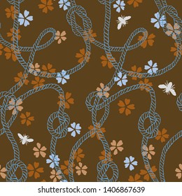 Vector seamless pattern made of twisted ropes with knots, flowers and insects. Abstract graphic drawing. Plain nautical and nature ornament. 