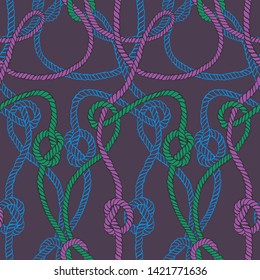 Vector seamless pattern made of twisted ropes with knots. Abstract graphic drawing. Flat nautical ornament. 