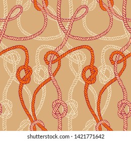 Vector seamless pattern made of twisted ropes with knots. Abstract graphic drawing. Flat nautical ornament. 