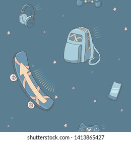 Vector seamless pattern made of typical teenage stuff. Skateboard, gadgets and backpack. Endless texture for design. Blue and yellow colors. Teenager theme.