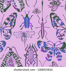 Vector seamless pattern made of watercolor insects. Hand drawn butterflies, beetles, dragonfly, bee. Watercolor texture. Backdrop for wallpaper, textiles, fabric, clothes, wrapper, surface.