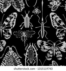 Vector seamless pattern made of watercolor insects. Hand drawn butterflies, beetles, dragonfly, bee. Watercolor texture. Backdrop for wallpaper, textiles, fabric, clothes, wrapper, surface.