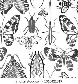 Vector seamless pattern made of watercolor insects. Hand drawn butterflies, beetles, dragonfly, bee. Watercolor texture. Backdrop for wallpaper, textiles, fabric, clothes, wrapper, surface.
