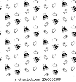 Vector seamless pattern made of winter hat, mittens, gloves. Graphic line  greeting card. Warm knitted winter clothes, web banner design, print, holiday