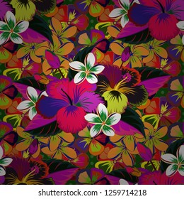 Vector seamless pattern in magenta, green and orange colors. Beautiful watercolor hibiscus flowers, bright painting inspired floral print.