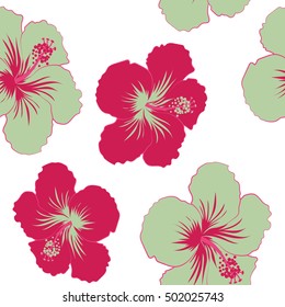 Vector seamless pattern of magenta and neutral tropical flowers (hibiscus) with watercolor effect on white background.
