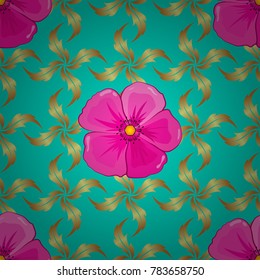 Vector seamless pattern in magenta, pink and blue colors. Beautiful watercolor cosmos flowers, bright painting inspired floral print.