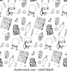 Vector seamless pattern with magic attributes. Hand-drawn images of a magic book, precious stones, a witches cauldron, potion and herbs with berries. For fabric, textile, wrapping paper and covers