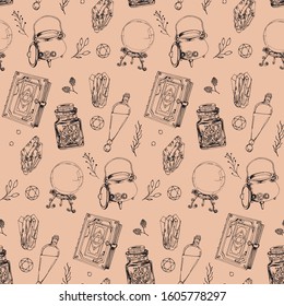 Vector seamless pattern with magic attributes. Hand-drawn images of a magic book, precious stones, a witches cauldron, potion and herbs with berries. For fabric, textile, wrapping paper and covers