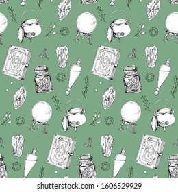 Vector seamless pattern with magic attributes. Hand-drawn images of a magic book, precious stones, a witches cauldron, potion and herbs with berries. For fabric, textile, wrapping paper and covers