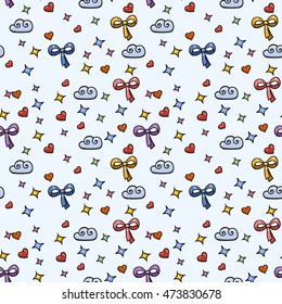 Vector seamless pattern with magic clouds and bows. Stars background.