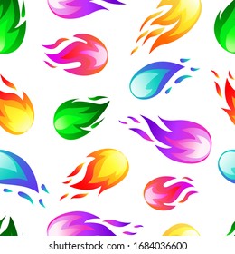 Vector seamless pattern with magic colorful fire flames isolated on white background. Energy concept. Perfect for design of gift wrap,textile,blog decoration,banner,poster,website,wallpapers .