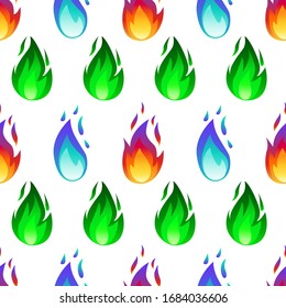 Vector seamless pattern with magic colorful fire flames isolated on white background. Energy concept. Perfect for design of gift wrap,textile,blog decoration,banner,poster,website,wallpapers .
