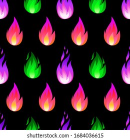 Vector seamless pattern with magic colorful fire flames isolated on black background. Energy concept. Perfect for design of gift wrap,textile,blog decoration,banner,poster,website,wallpapers .