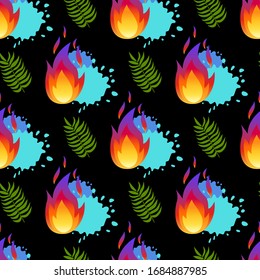 Vector seamless pattern with magic colorful fire flames,tropic leaves and water splashes isolated on black background. For design of gift wrap,textile,blog decoration,banner,poster,website,game