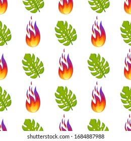 Vector seamless pattern with magic colorful fire flames and tropic leaves isolated on white background. For design of gift wrap,textile,blog decoration,banner,poster,website,wallpapers .