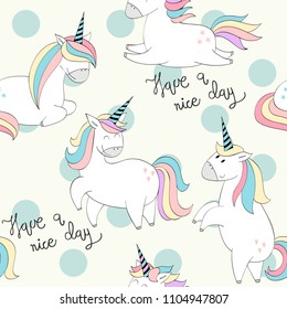 Vector seamless pattern with Magic cute unicorns.