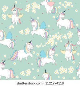 Vector seamless pattern with Magic cute unicorns.