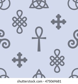 Vector seamless pattern with magic, esoteric, mystic, spiritual, occult and witchcraft signs.Masonry, Christianity, hinduism, buddhism, Kabbalah knot and cross symbols.