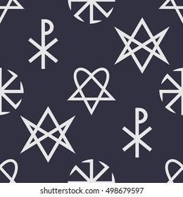 Vector seamless pattern with magic, esoteric, mystic, spiritual, occult and witchcraft signs.