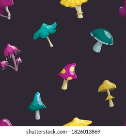 Vector seamless pattern. Magic fairy mushrooms of different shapes and colors