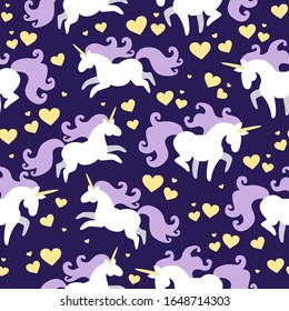 Vector Seamless Pattern Of Magic Fat White Unicorn Horses With Purple Mane Running Around Yellow Hearts On Night Sky. Starry Night Sky. Childrens, Kids Concept. Textile Template