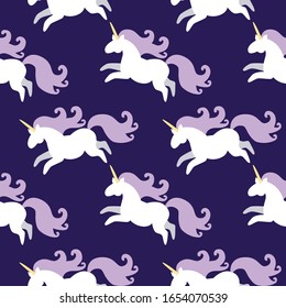 Vector Seamless Pattern Of Magic Fat White Unicorn Horses With Purple Mane Running Around Night Sky. Starry Night Sky. Childrens, Kids Concept. Textile Template