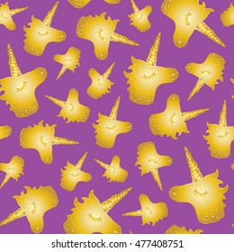 Vector seamless pattern magic golden unicorn. The magical world of girls dreams. Isolated on purple background