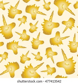 Vector seamless pattern magic golden unicorn. The magical world of girls dreams. Isolated on light yellow background