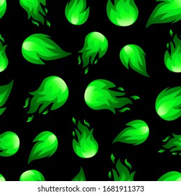 Vector seamless pattern with magic green fire flames isolated on black background. Energy concept. Perfect for design of gift wrap,textile,blog decoration,banner,poster,website,wallpapers .