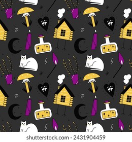 Vector seamless pattern with magic items on black background. Modern design for fabric and paper, surface textures. 